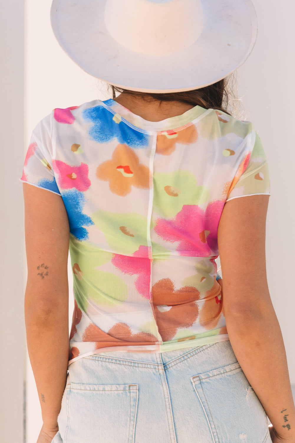 Multicolour Floral Mesh Lettuce Trim Cropped T Shirt eAura