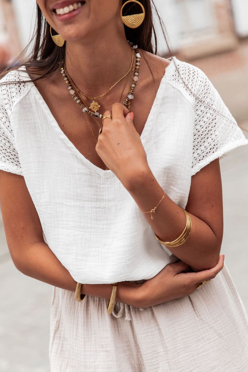 White Lace Crochet Textured Button Back V Neck T Shirt eAura