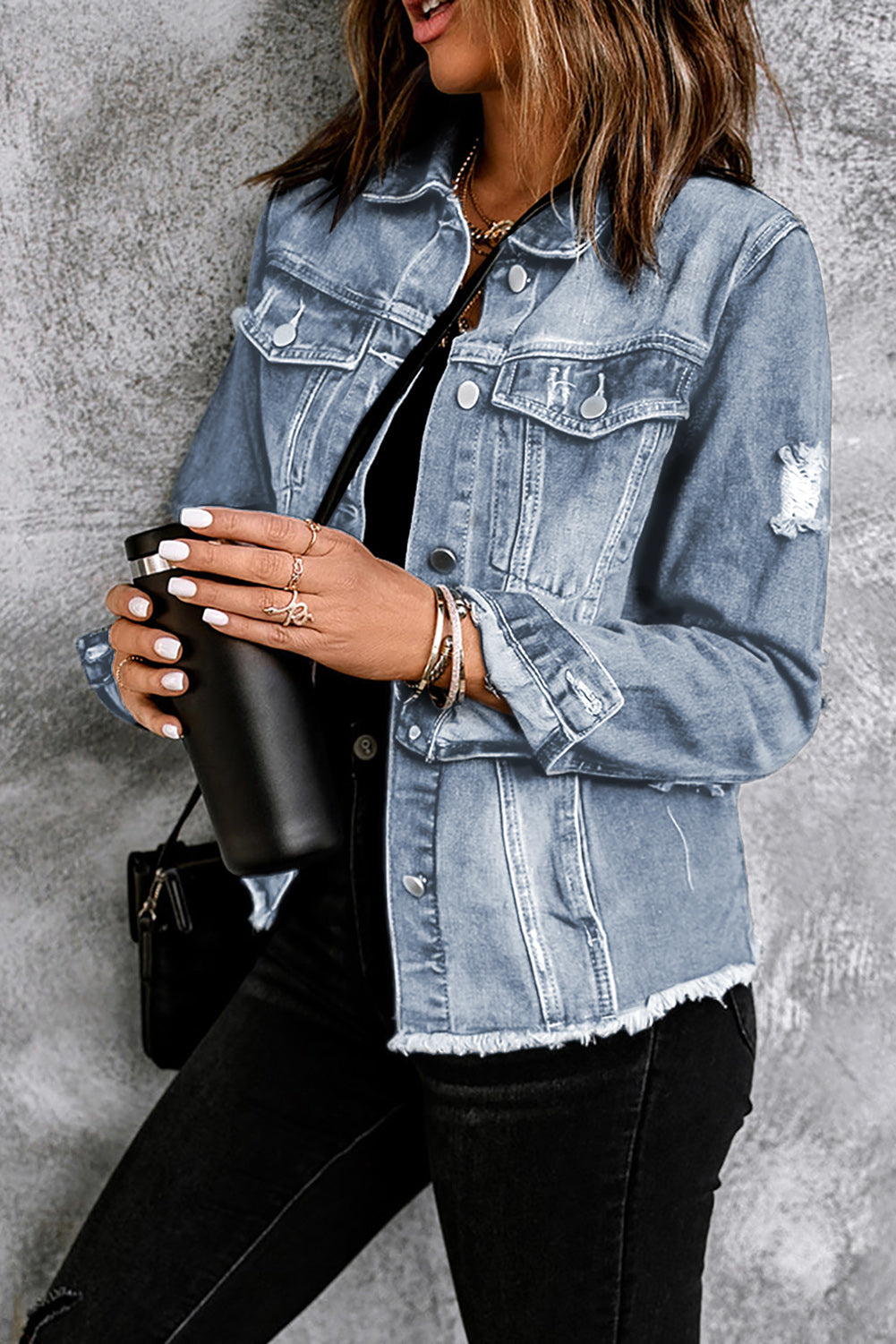 Blue Lapel Distressed Raw Hem Buttons Denim Jacket BB Fashion Outlet