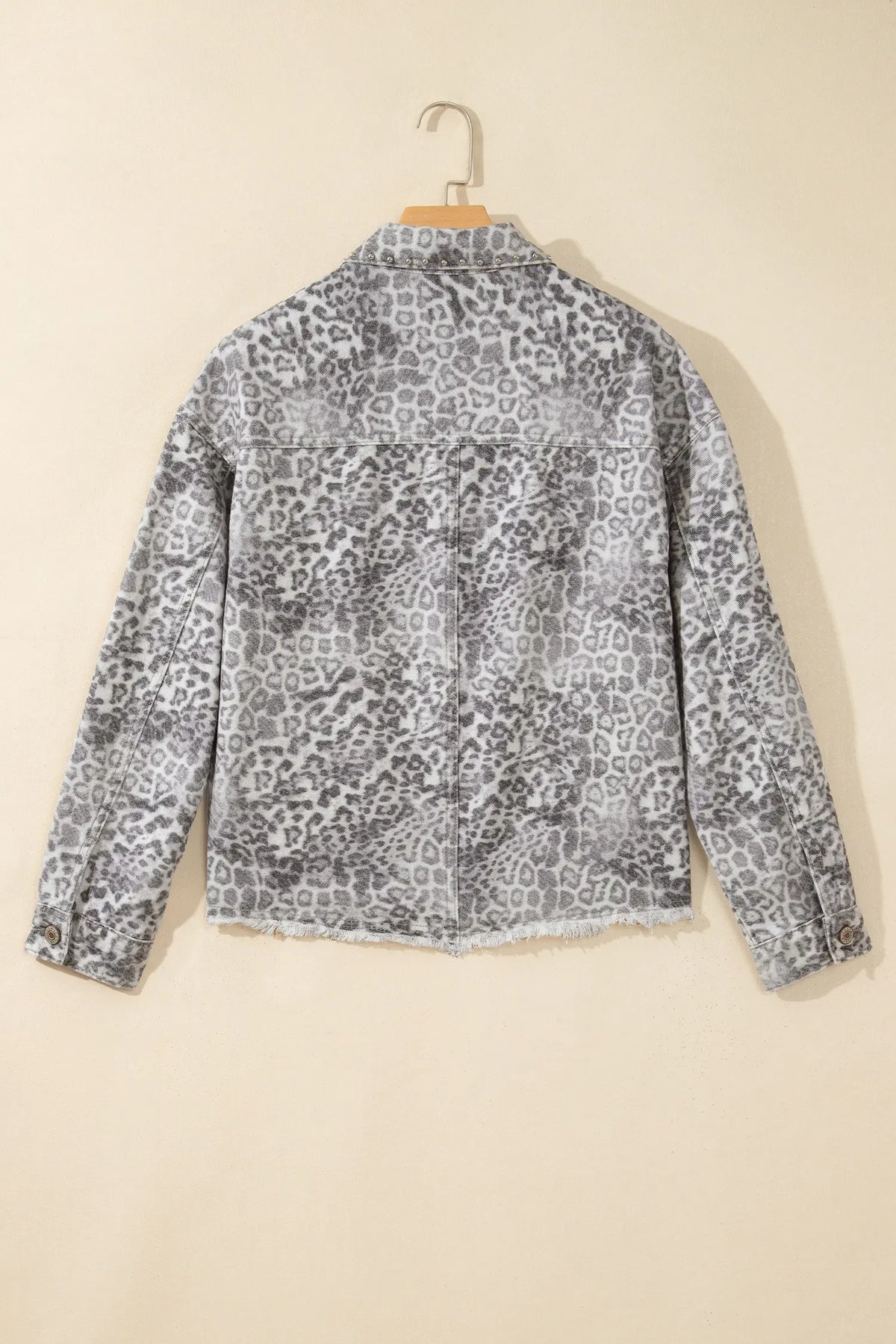Leopard Print Studded Collar Studded Patch Pocket Denim Jacket – Khaki