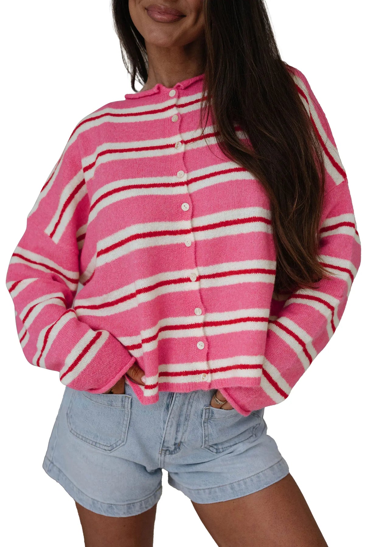 Striped Drop Shoulder Button Cardigan – Blue Stripe