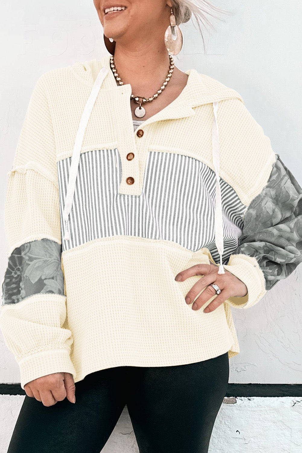 Waffle Patchwork Drawstring Hooded Long Sleeve Top - eAura