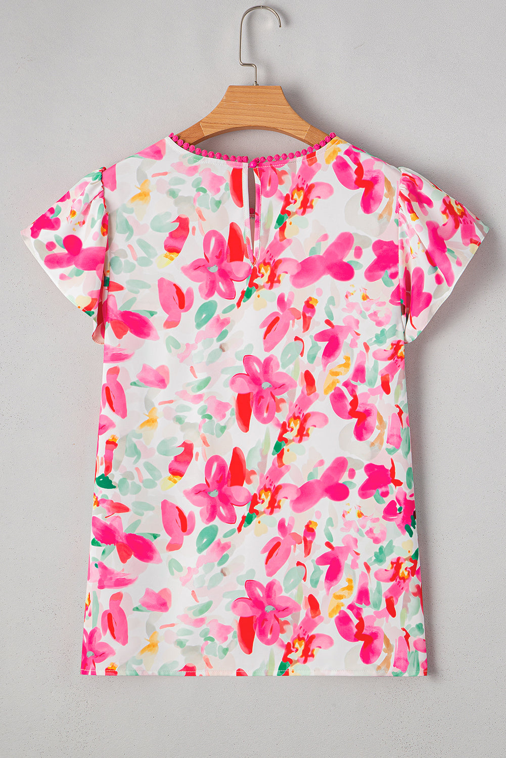 Rose Floral Print Flutter Sleeve Round Neck Casual Blouse eAura