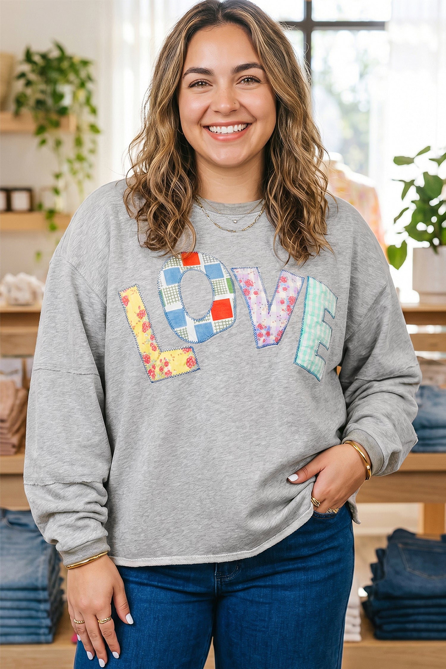 Long Sleeve Patch Embroidery Tunic Plus Size Blouse – Light Grey
