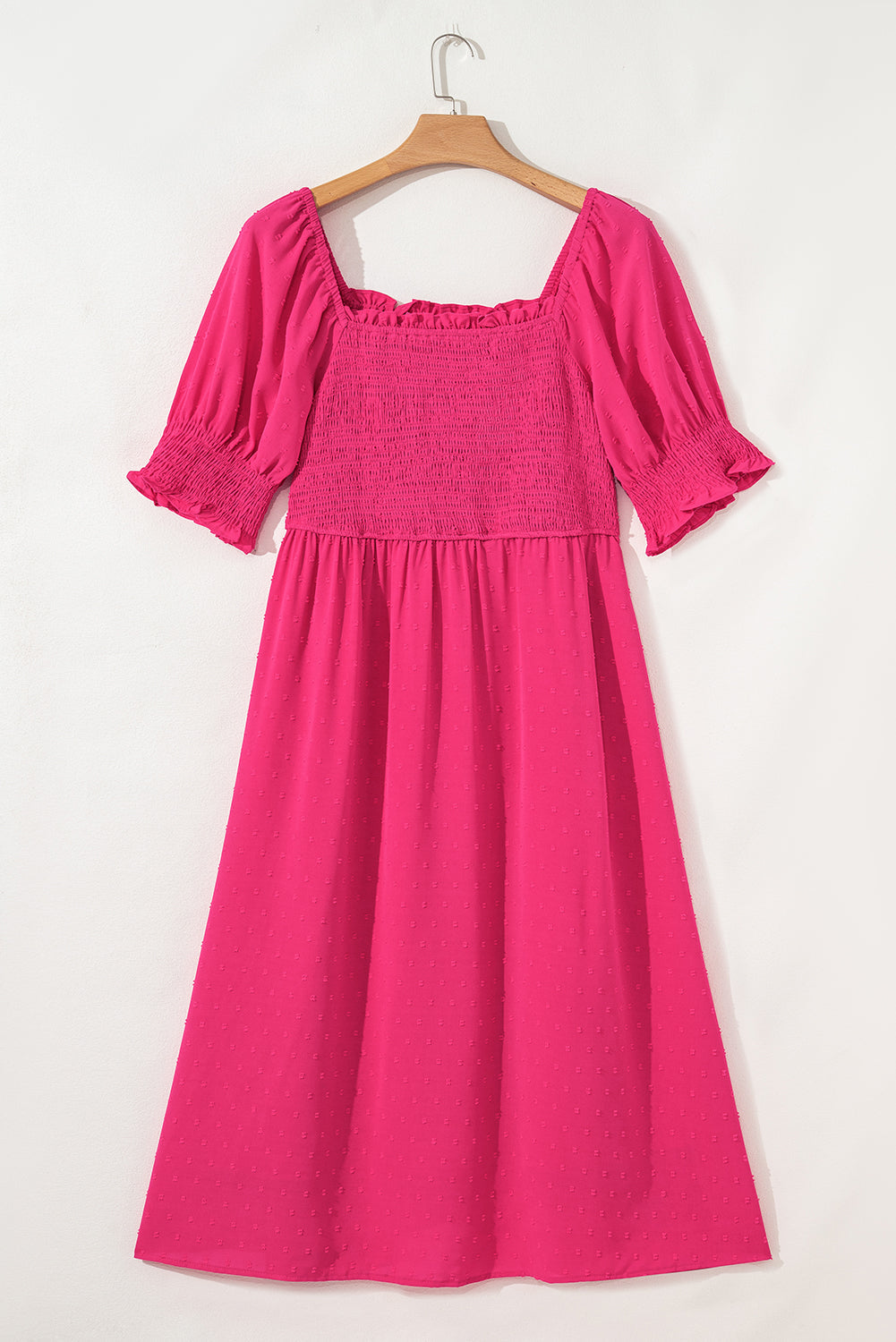 Pink Swiss Dot Smocked Ruflled Neckline Short Sleeve Plus Size Dress BB Fashion Outlet