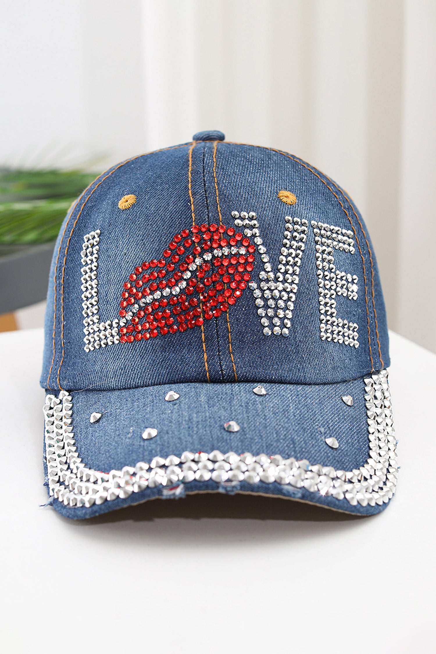 Blue Rhinestone Embellished LOVE Lip Denim Baseball Cap