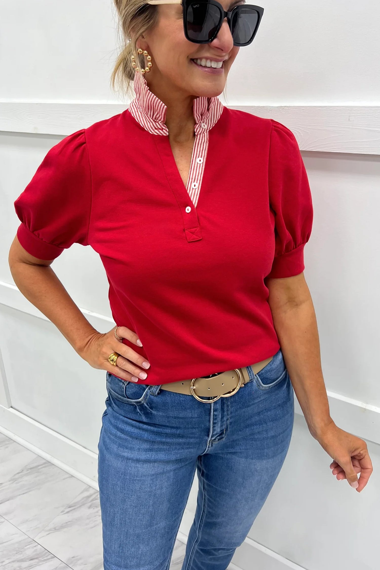 Striped Frilled Collar Short Sleeve Blouse