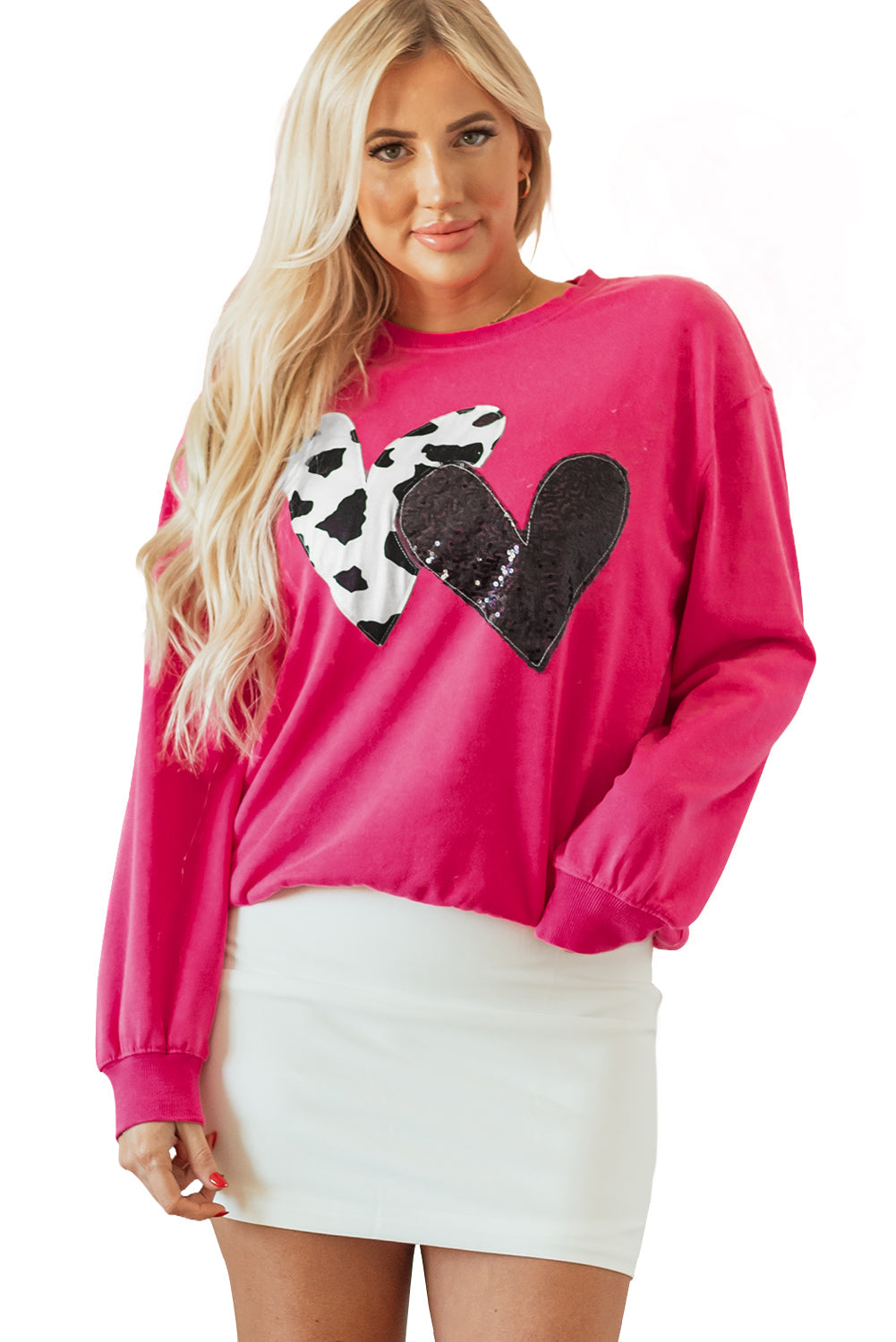 Strawberry Pink Cow & Sequin Double Heart Patch Graphic Sweatshirt eAura