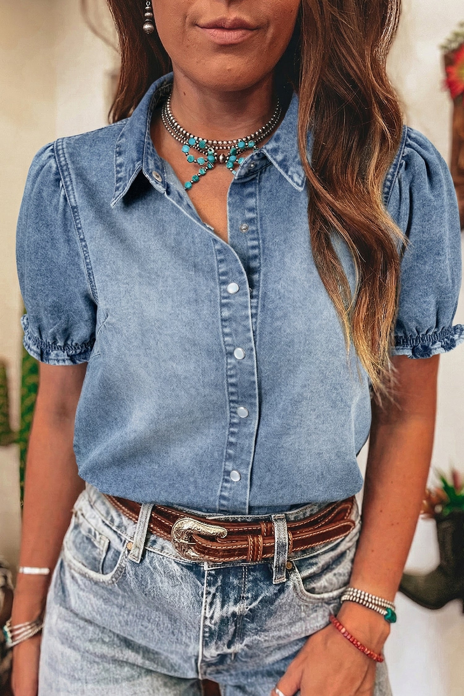 Frilled Short Sleeve Snap Button Denim Shirt