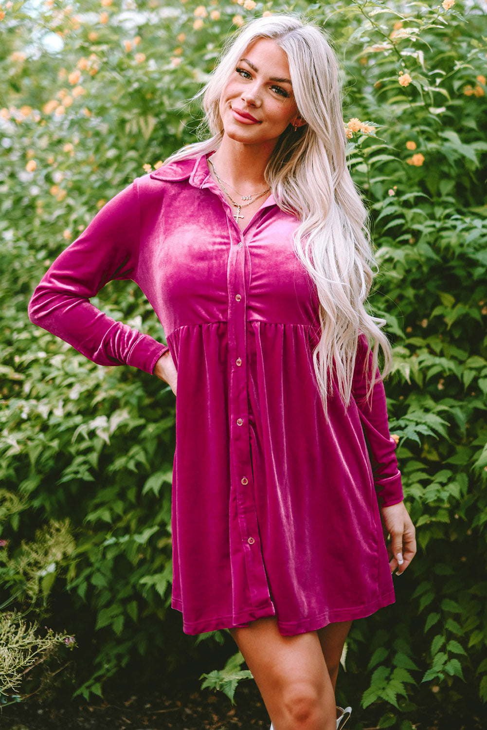 Green Long Sleeve Ruffle Velvet Button Up Dress eAura