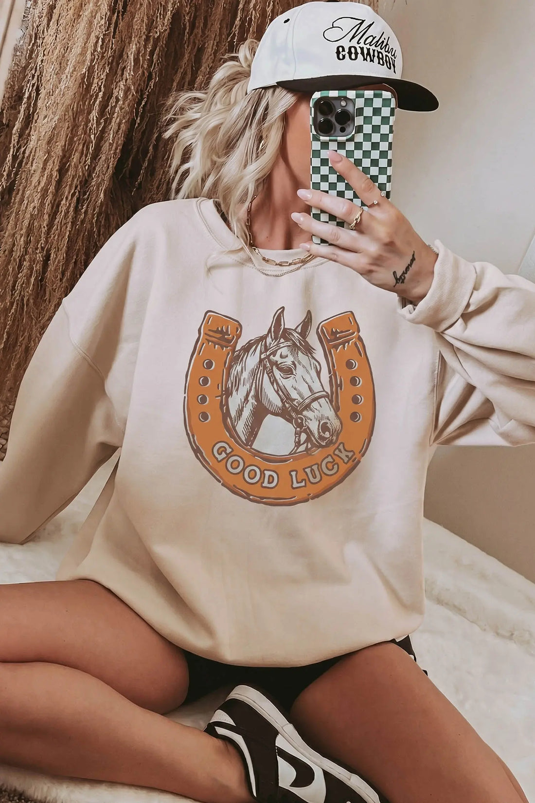 GOOD LUCK Western Horse Print Oversized Pullover Sweatshirt – Beige