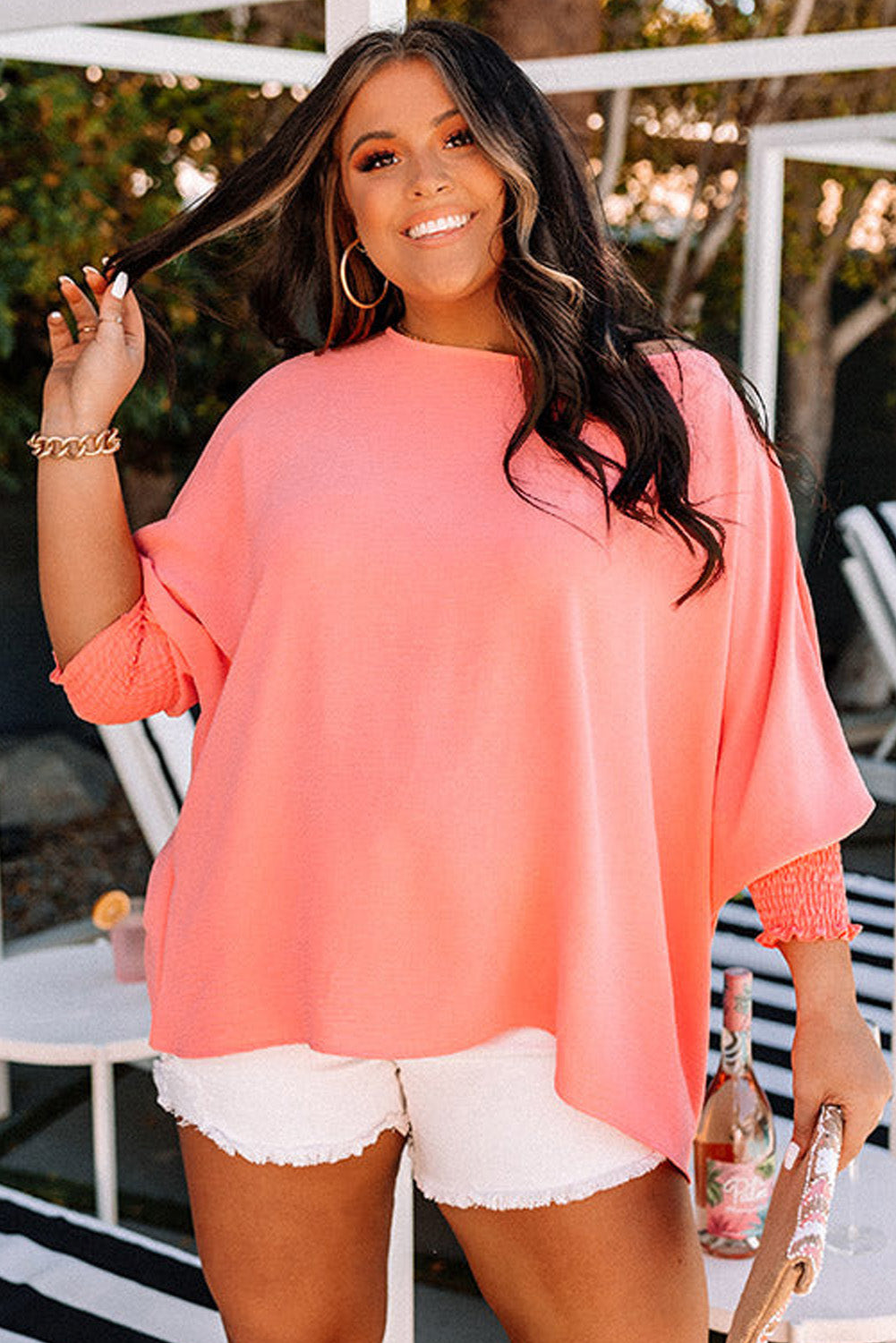 Blossom Shirred Cuffs 3/4 Sleeve Plus Size Textured Blouse BB Fashion Outlet