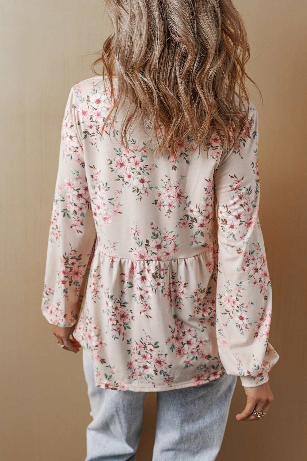 Pink Floral Print Pleated U Neck Loose Fit Blouse eAura