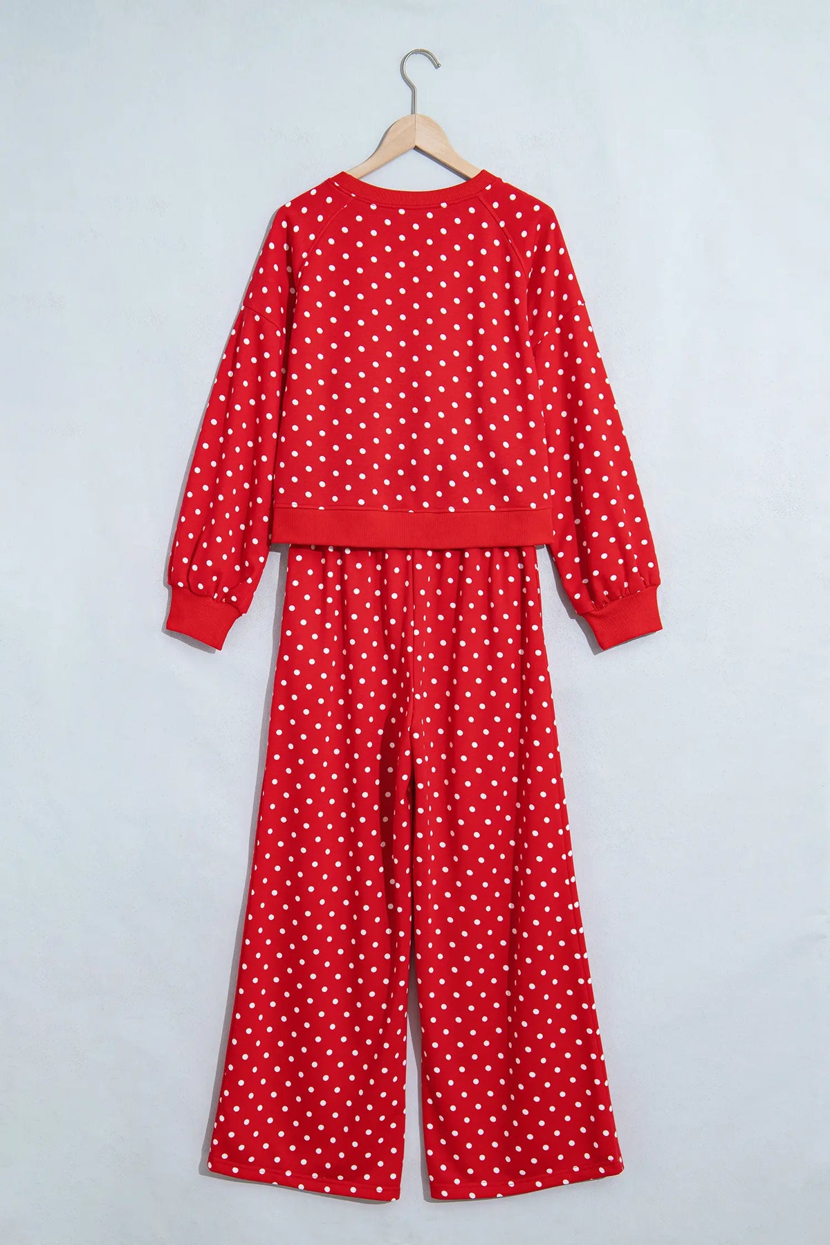 Polka Dot Drawstring Wide Leg Long Sleeve Top Pant Set – Red