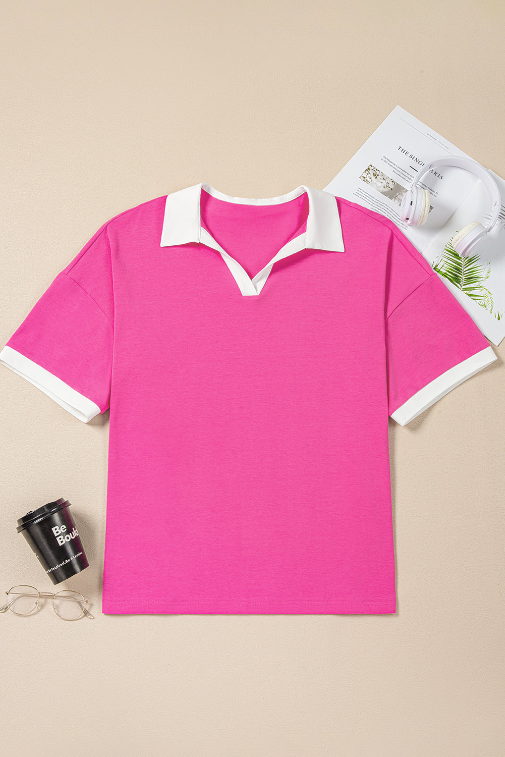 Pink Contrast Trim Collared Split Neck Short Sleeve Plus Size Top BB Fashion Outlet