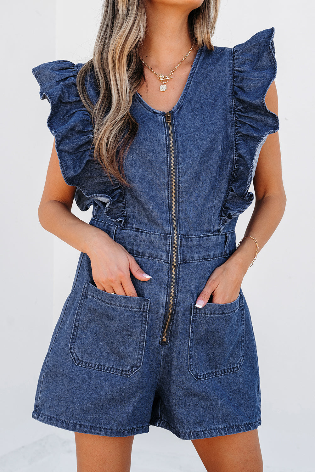 Sail Blue Denim Ruffled Zipped Front Belted Romper eAura