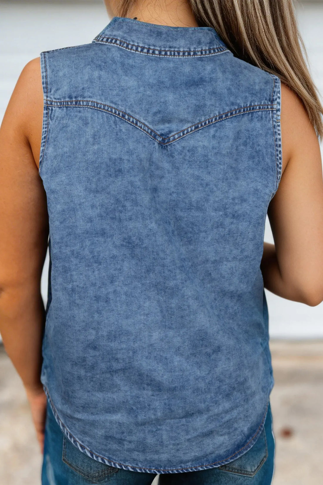 Buttoned Front Collared Denim Sleeveless Top