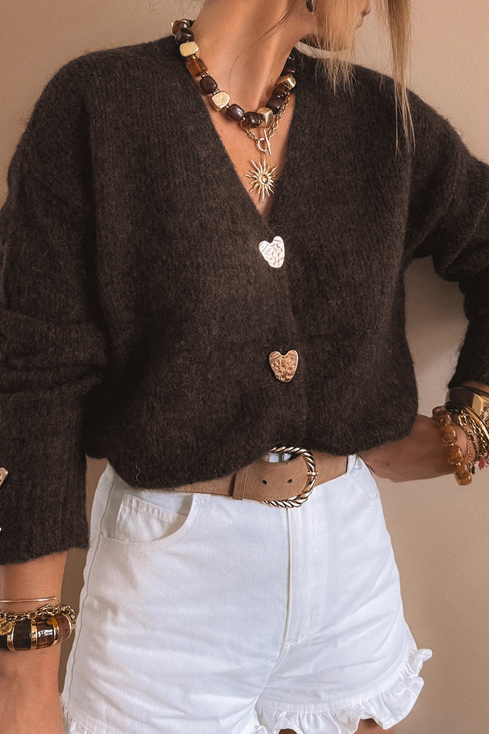 Heart Metal Button V-Neck Cardigan - eAura