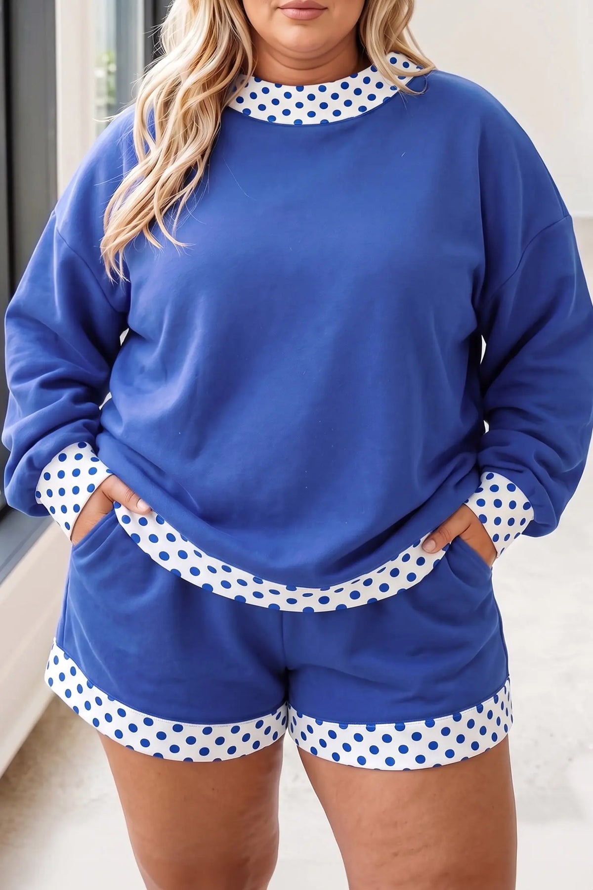 Two-piece Polka Dot Patchwork Loungewear Set — Long Sleeve Plus Size