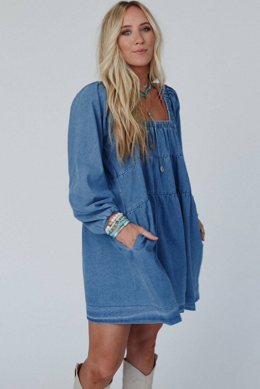 Dusk Blue Square Neck Side Pockets Loose Fit Denim Mini Dress Beagle Boutique Fashion Outlet