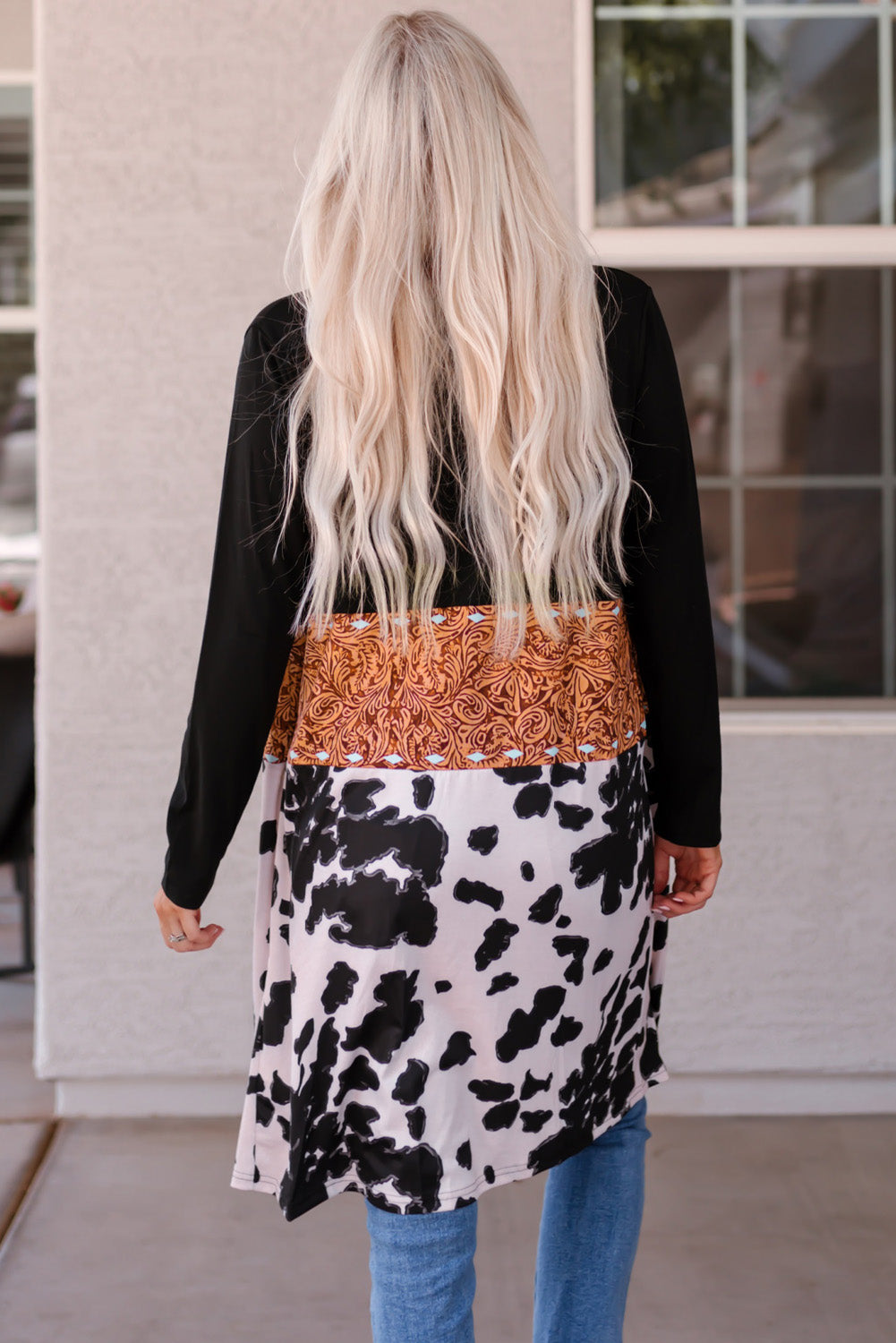 Black Western Pattern Cow Patchwork Open Front Cardigan eAura