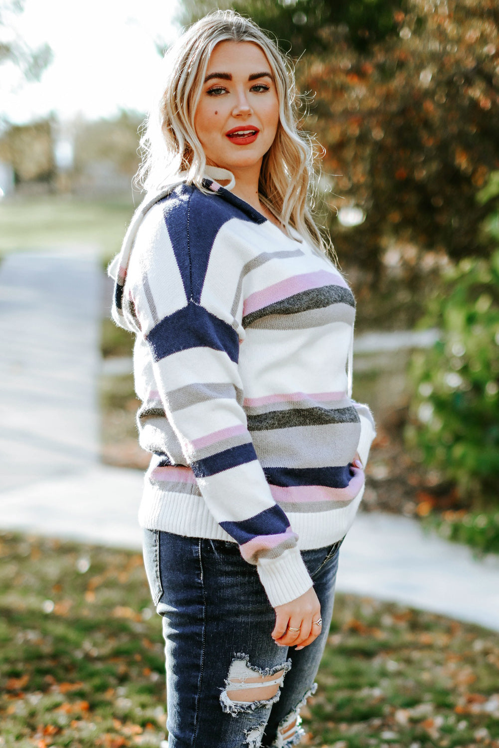 Stripe Plus Size Striped Hooded Knit Sweater BB Fashion Outlet