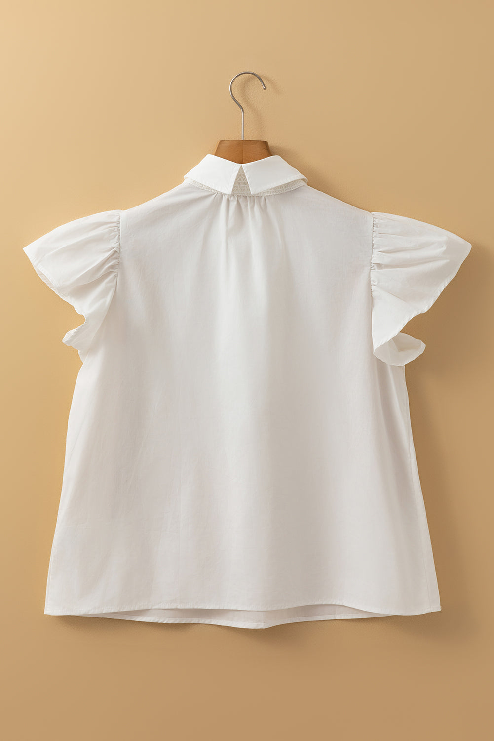 White Half Button Lace Patchwork Flutter Sleeve Blouse eAura