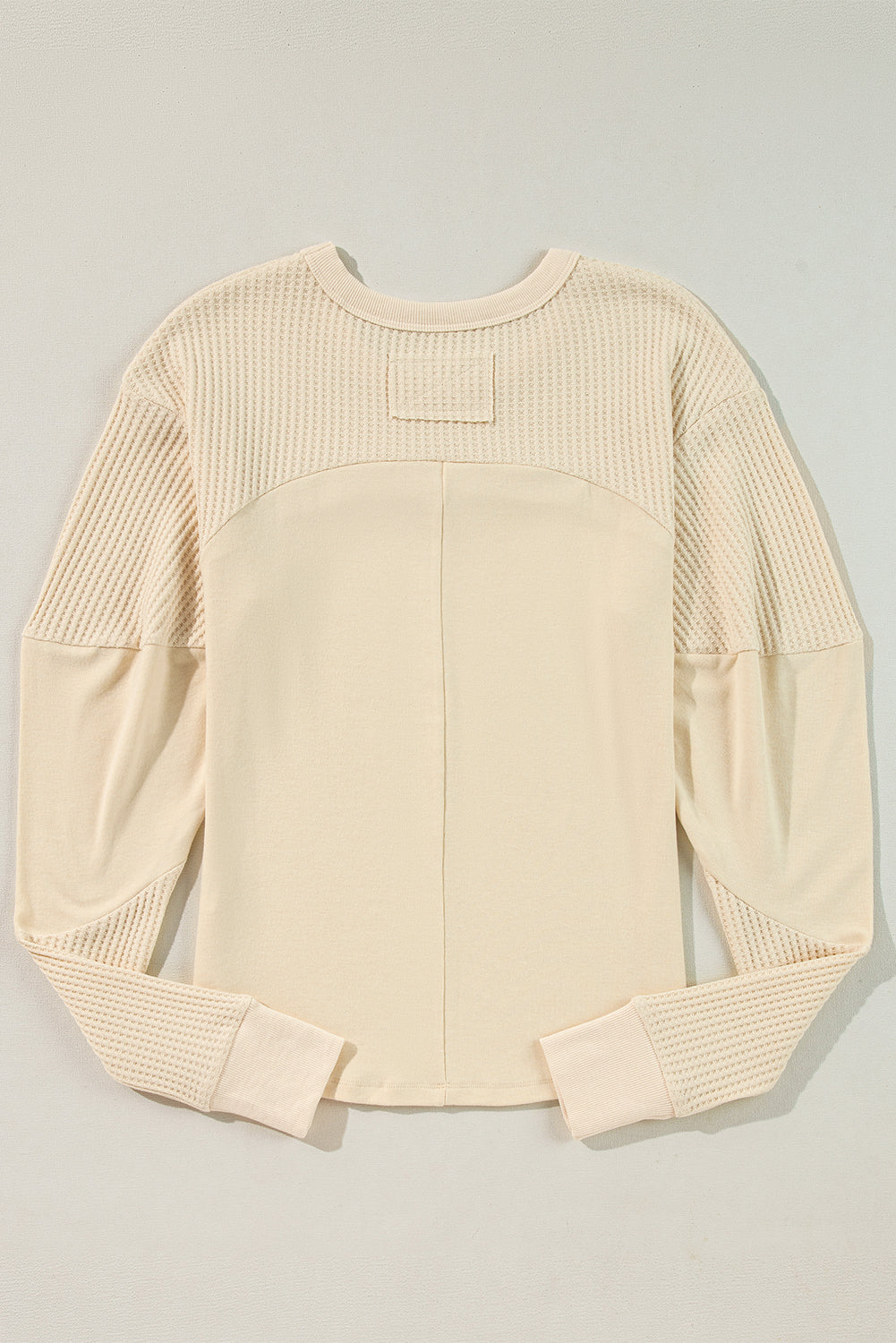 Beige Thermal Knit Patchwork Exposed Seam Long Sleeve Top BB Fashion Outlet