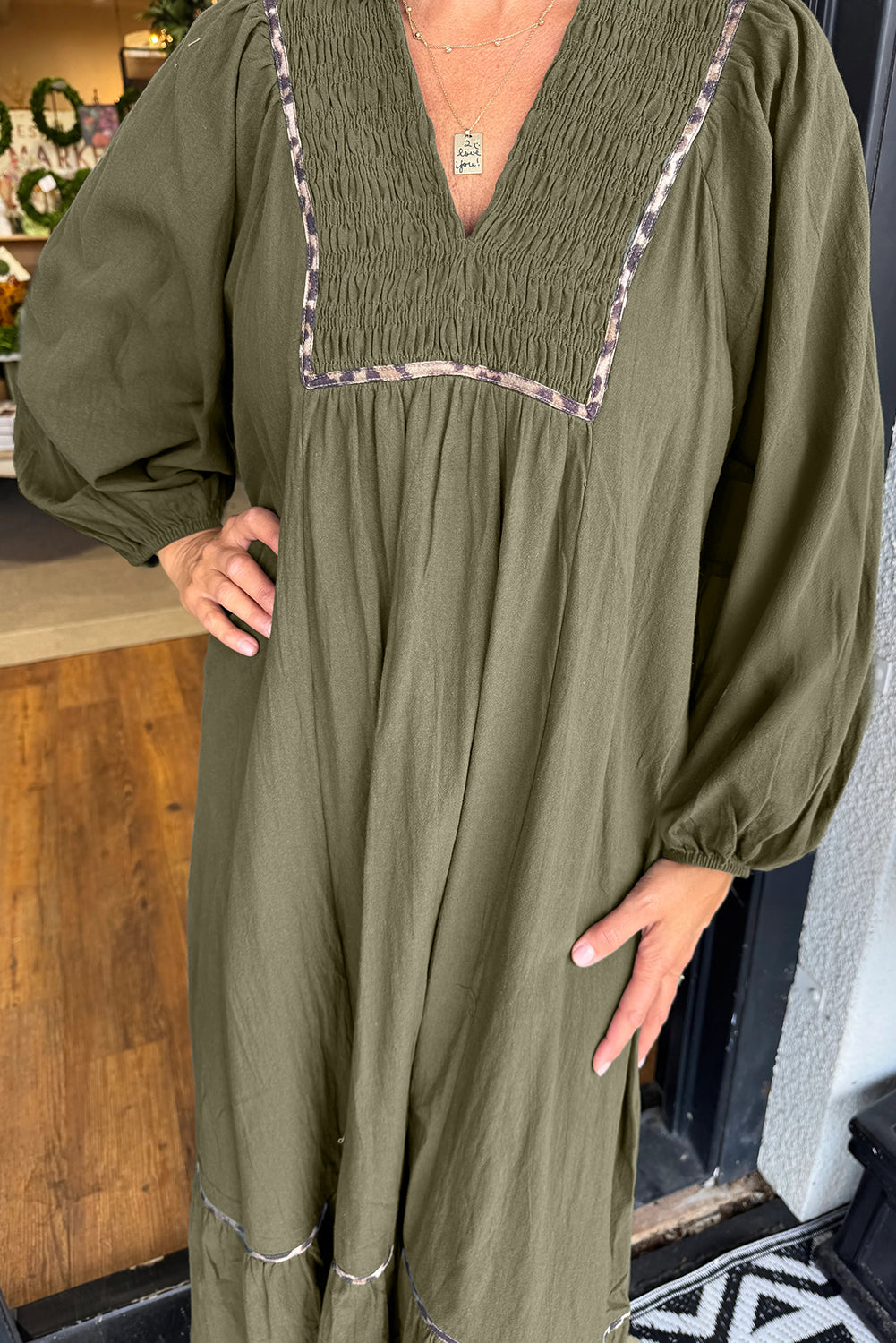 Collared V-Neck Smocked Detail Contrast Leopard Trim Bracelet Sleeve Long Dress - eAura