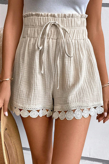 Apricot Textured Frilled Knotted High Waist Lace Hem Shorts eAura