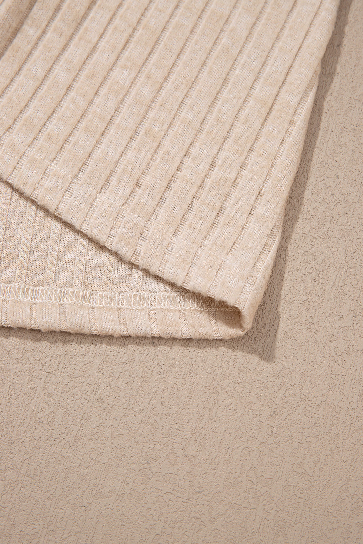 Apricot Solid Color Ribbed Knit Cowl Neck Long Sleeve Top – Beige