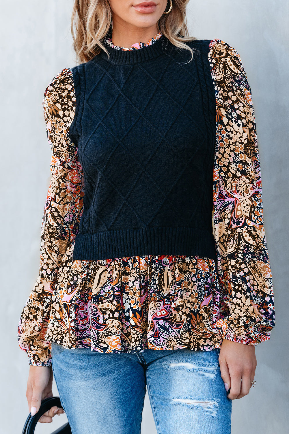 Black Contrast Floral Sleeve Peplum Sweater eAura