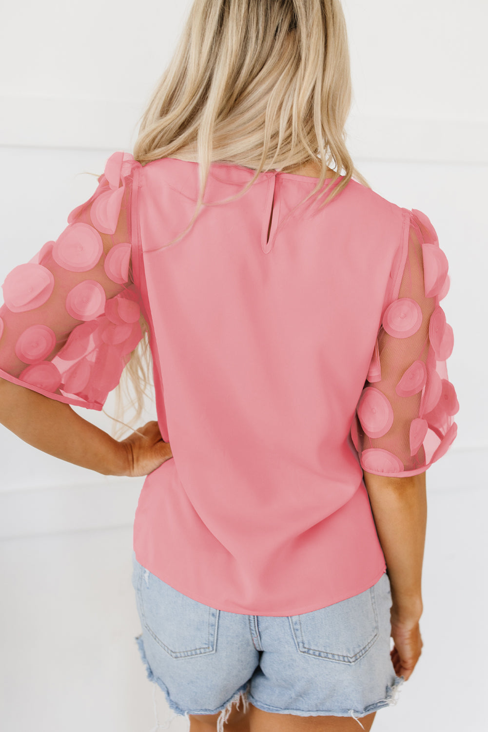 Black Contrast Applique Mesh Half Sleeve Blouse eAura