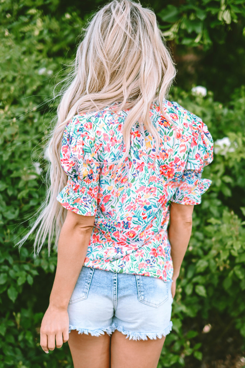 Pink Floral Print Button Split Neck Puff Sleeve Blouse eAura