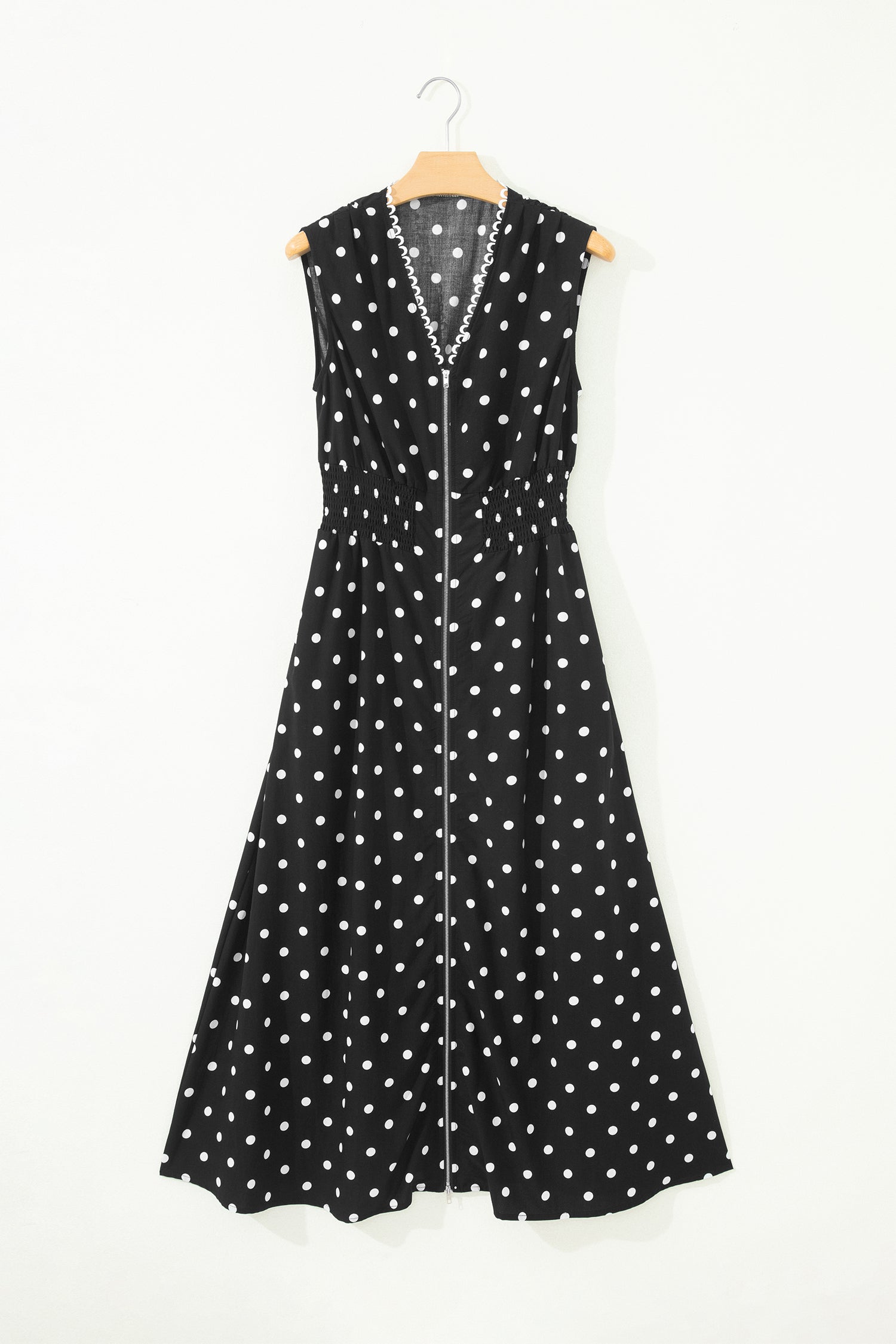Polka Dot Print Contrast Trim V-Neck Zip Up Sleeveless Dress