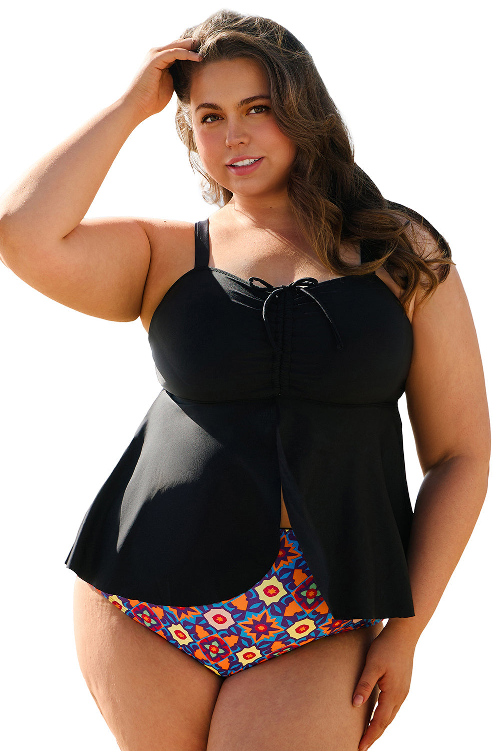 Black Drawstring Tied Front Flared Top Geometric Print Bottom Plus Size Tankinis BB Fashion Outlet