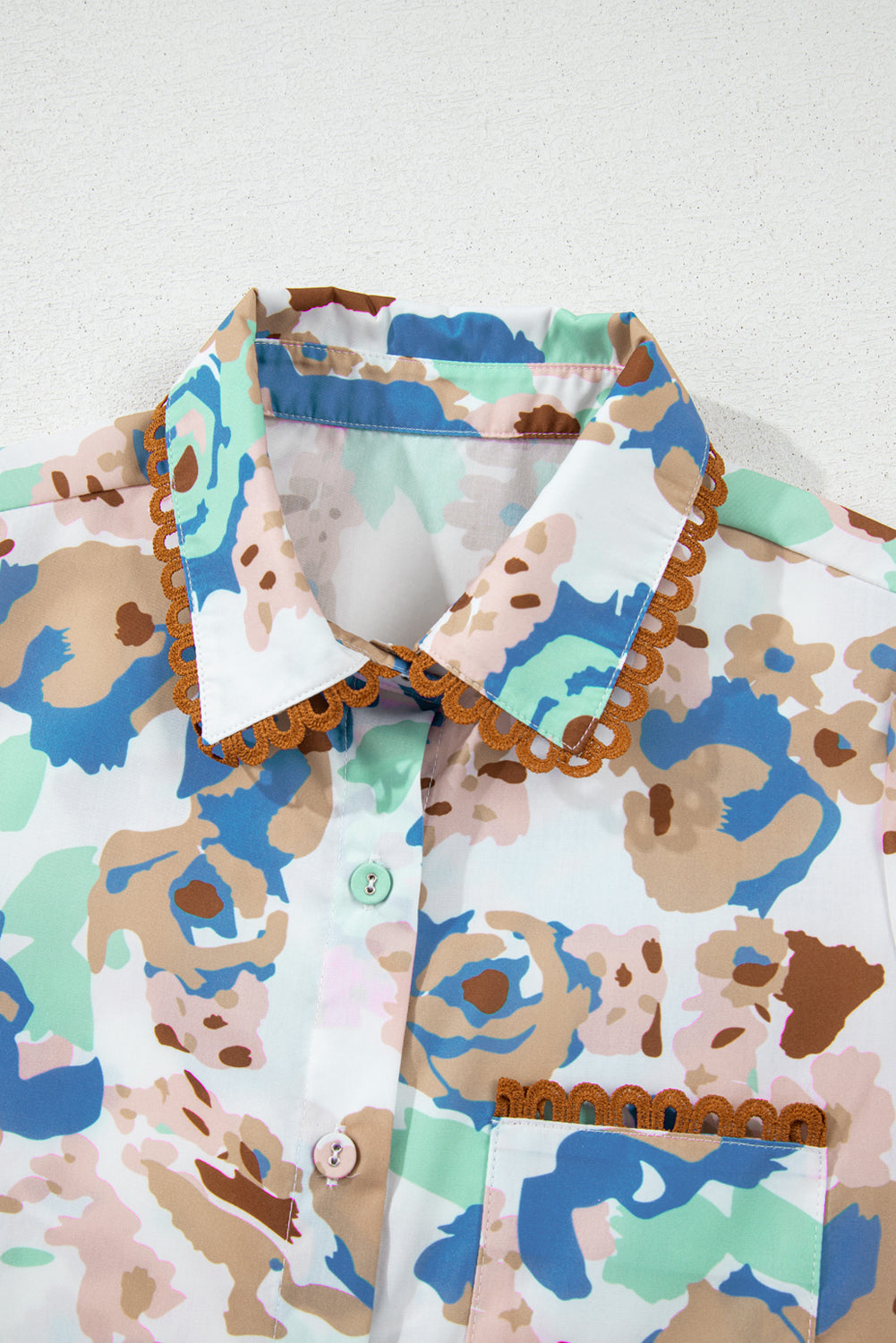 Multicolour Floral Print Ricrac Trim Collared Puff Short Sleeve Shirt eAura