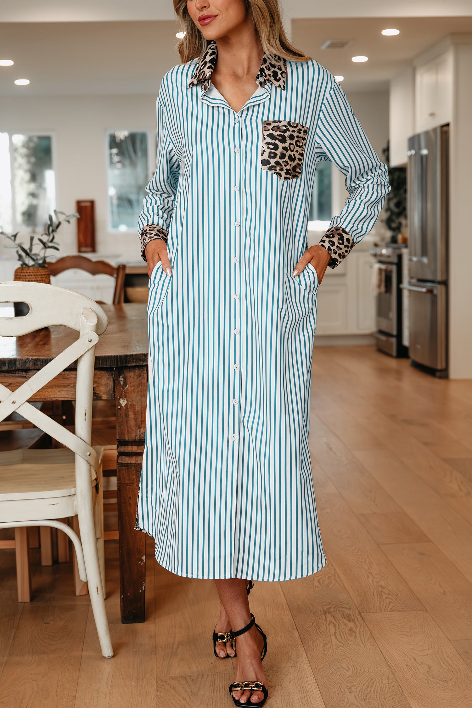 Stripe Contrast Leopard Patchwork Long Shirt Dress with Slits