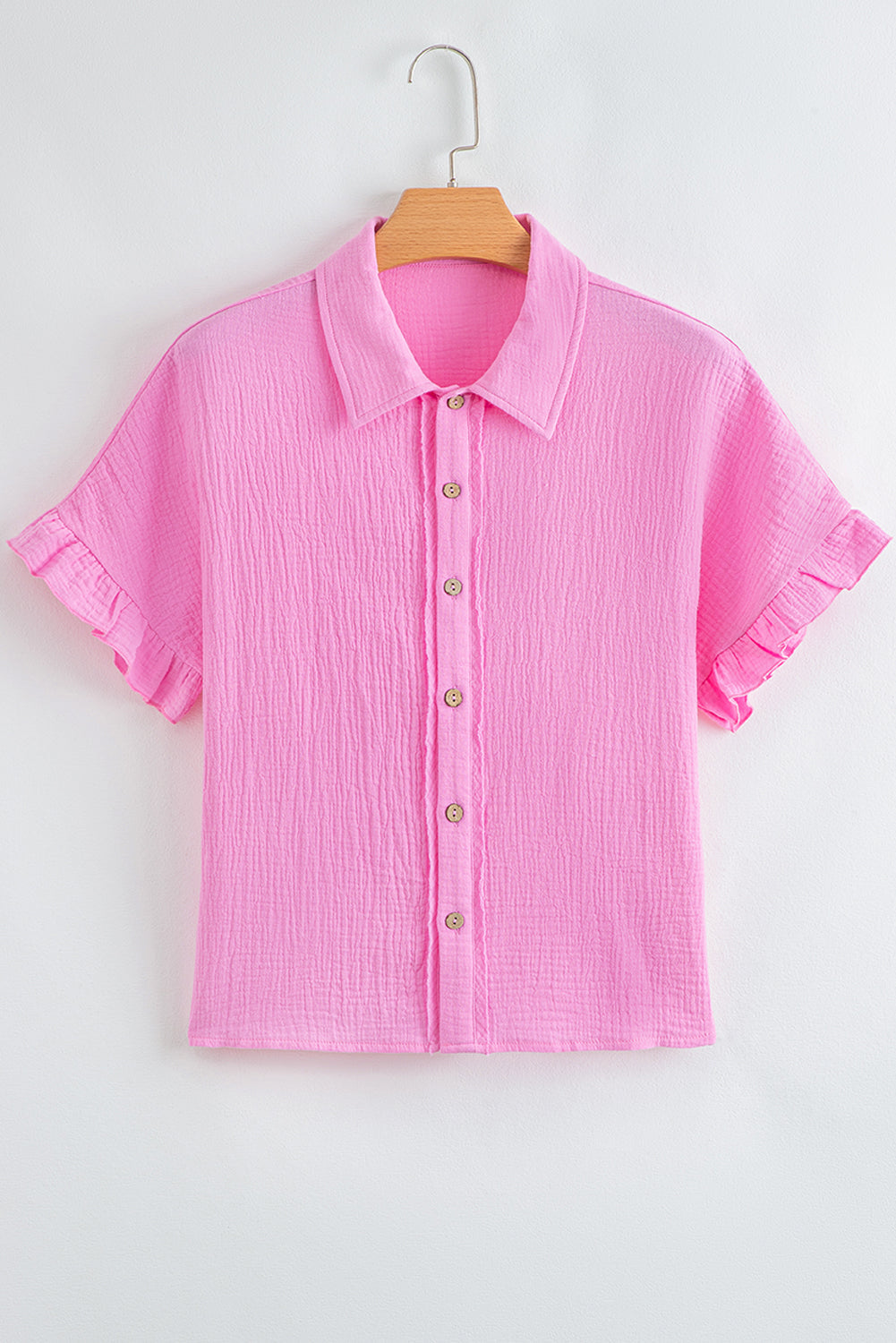 Bonbon Mineral Wash Textured Ruffle Trim Short Sleeve Shirt eAura