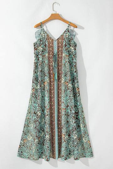 Green Floral Print V Neck Ruffled Trim Backless Tassel Waist Maxi Dress - Dresses/Floral Dresses