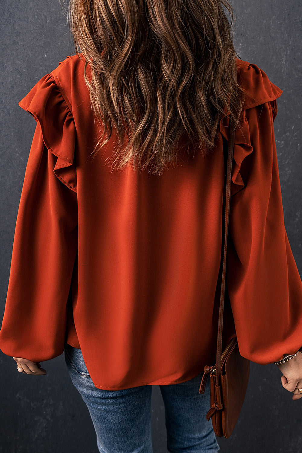 Orange Ruffled Pleated Buttoned V Neck Blouse eAura