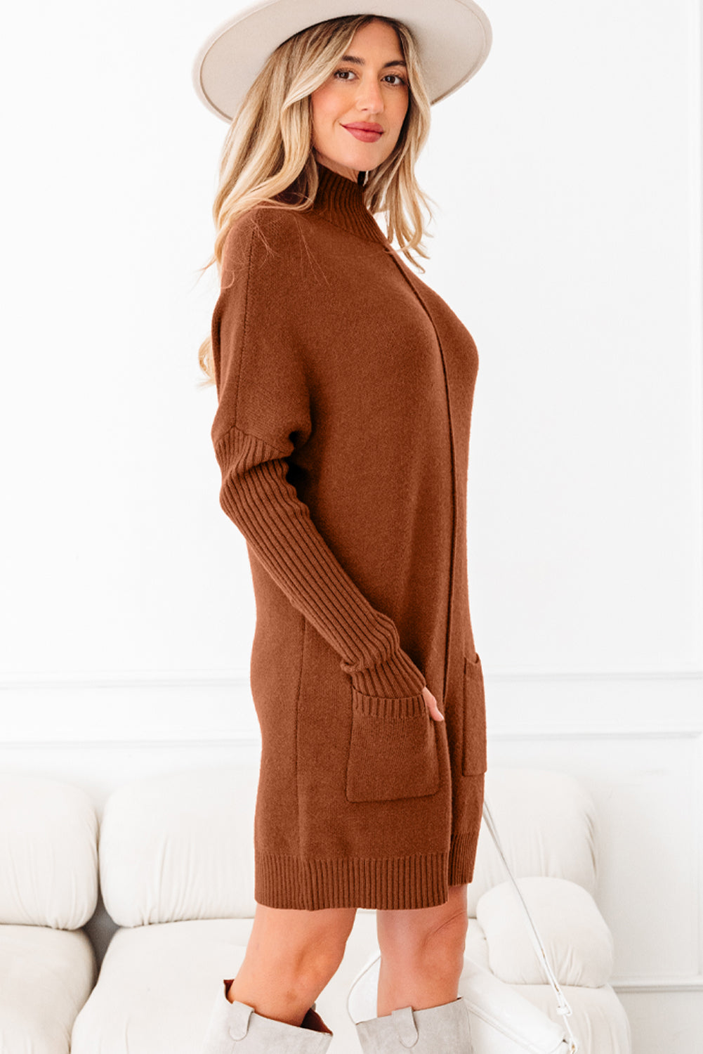 Ribbed High Neck Front Pockets Center Seam Shift Sweater Dress - eAura