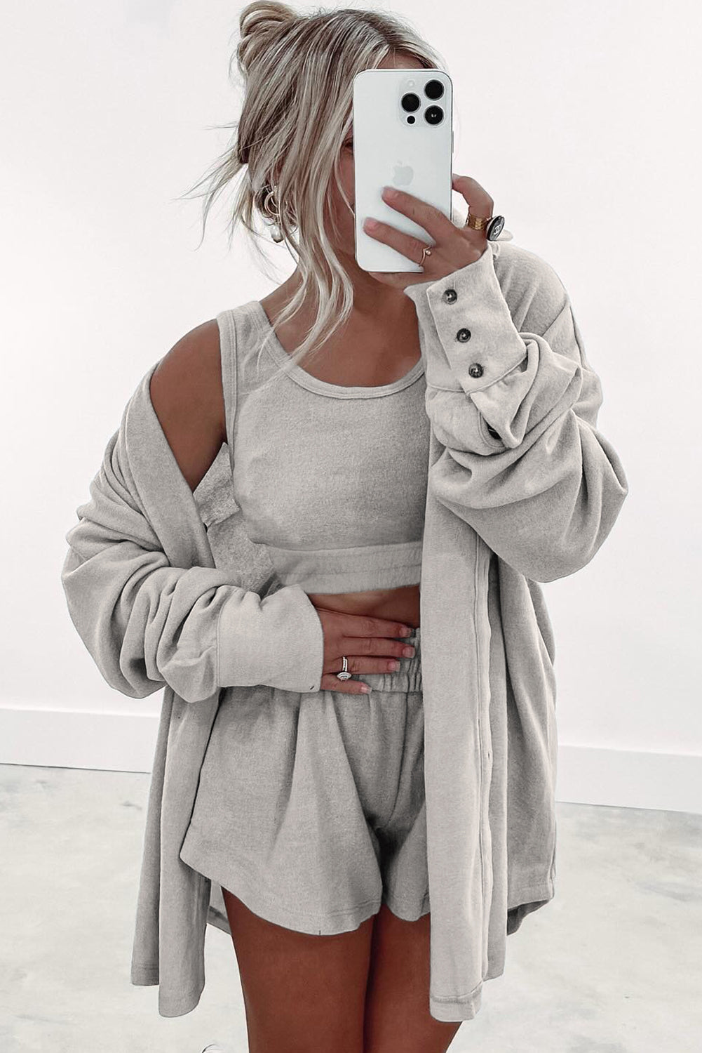 Grey 3 Pcs Crop Tank Top Shorts with Cardigan Lounge Set eAura