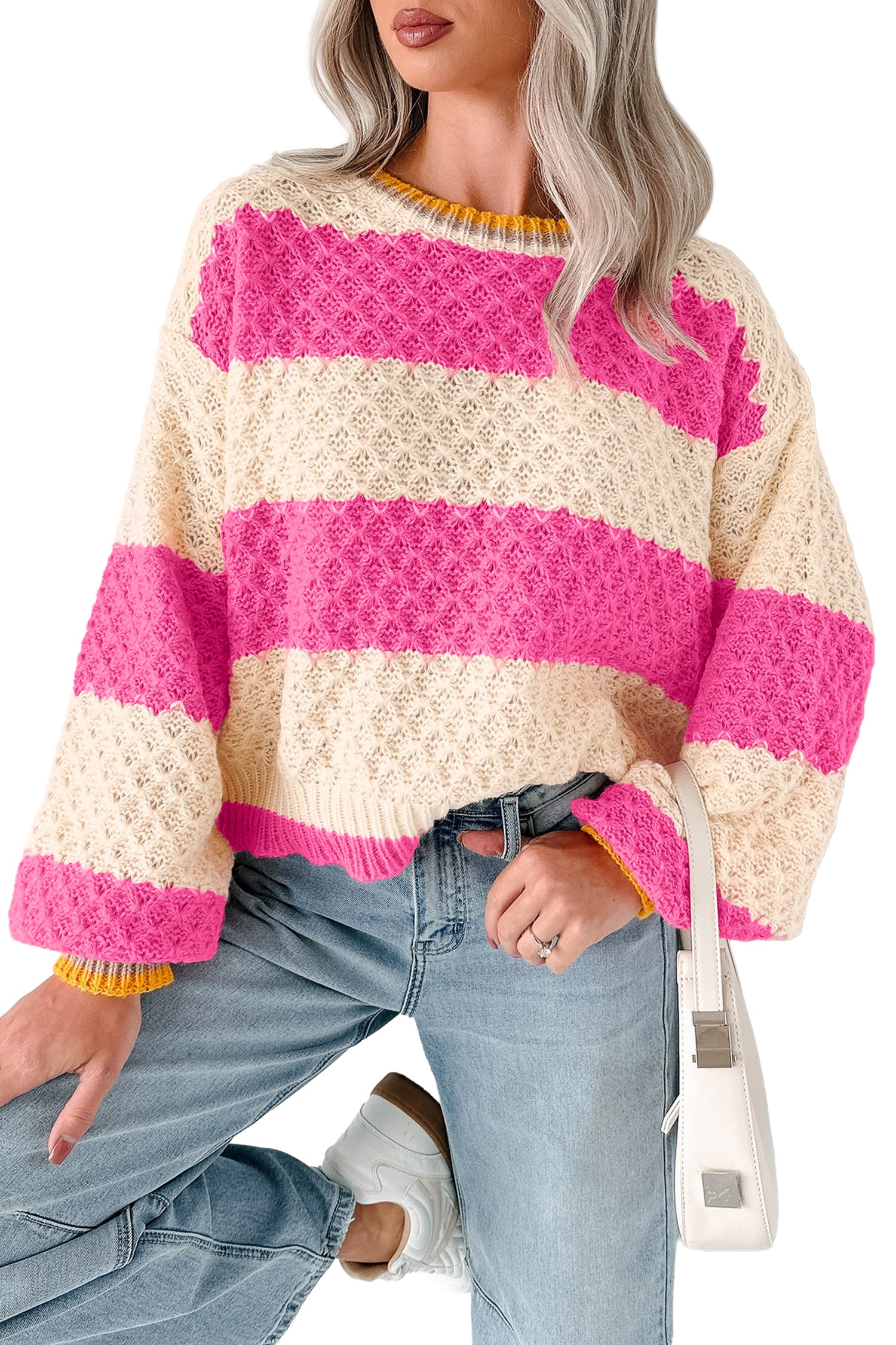Striped Colorblock Texture Drop Shoulder Sweater – Pink Stripe
