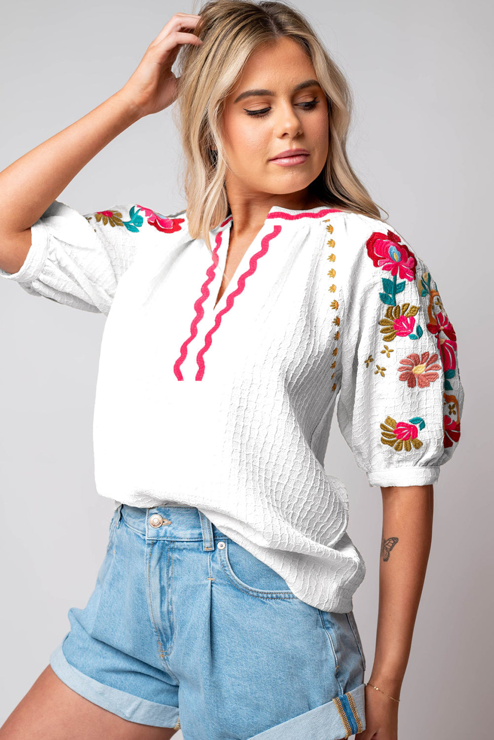 Beige Floral Embroidered Ricrac Puff Sleeve Textured Blouse BB Fashion Outlet