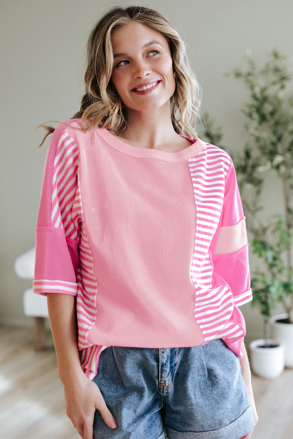 Pink Stripe Color Block Patchwork Loose Half Sleeve T Shirt BB Fashion Outlet