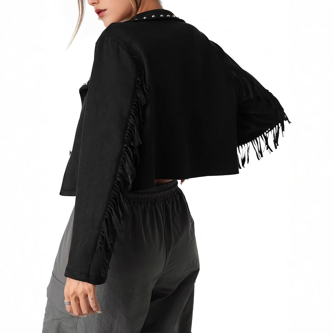 Western Denim Style Suede Fringe Imitation Rivet Women's Short Jacket Dropshipman
