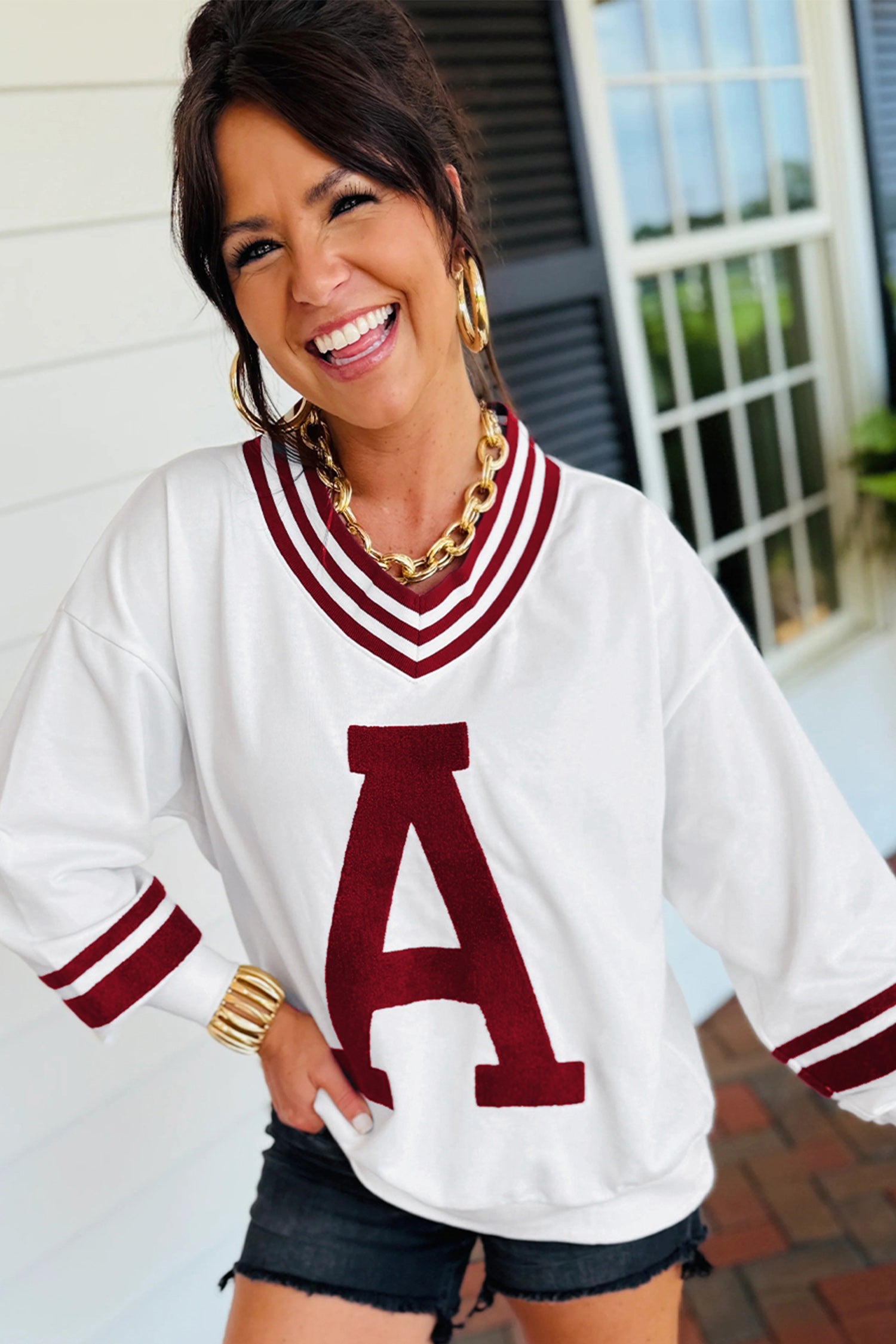Chenille Letter A Graphic Varsity Striped V-Neck Puff Sleeve Sweatshirt - Tops/Sweatshirts & Hoodies