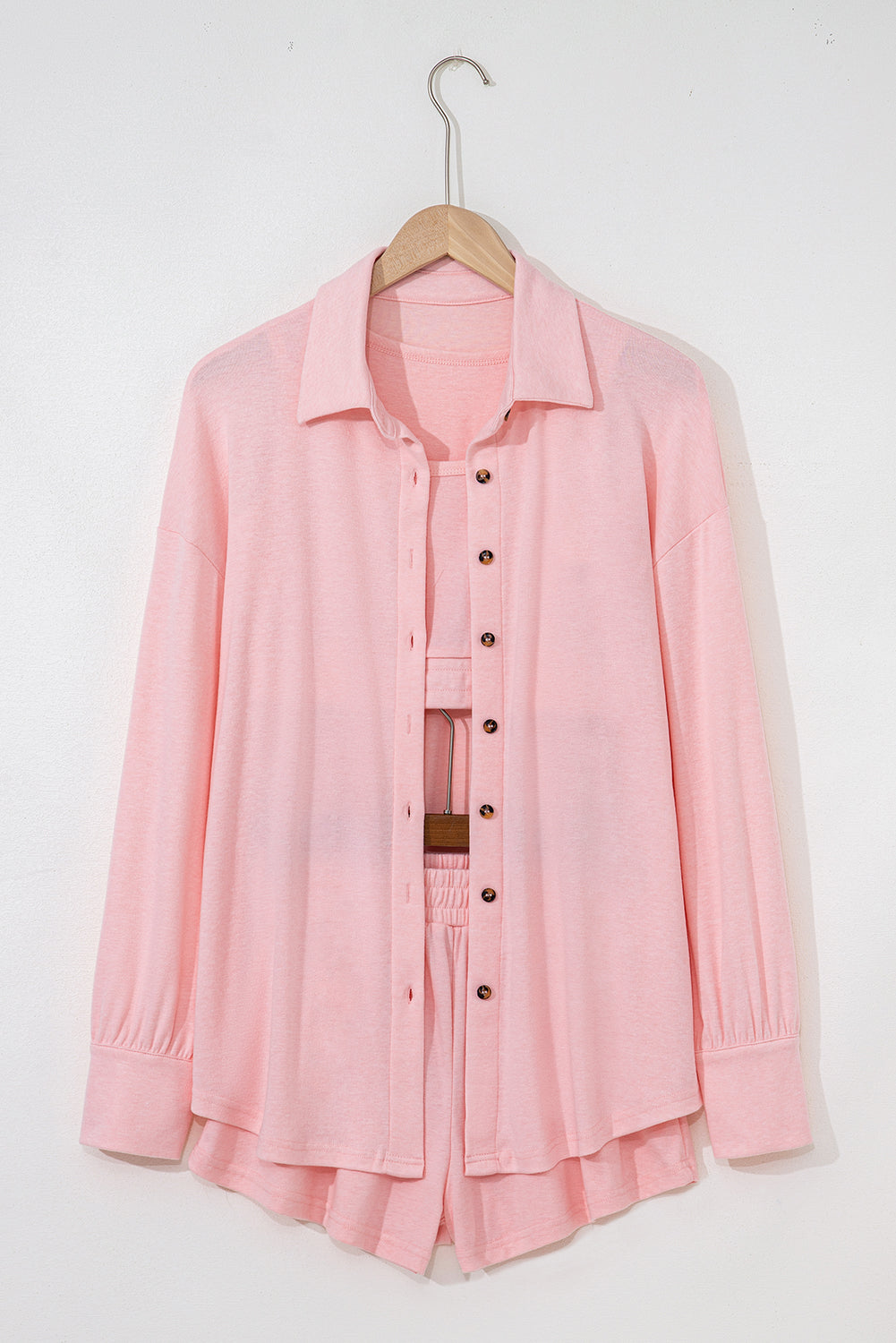 Light Pink 3 Pcs Crop Tank Top Shorts with Cardigan Lounge Set eAura