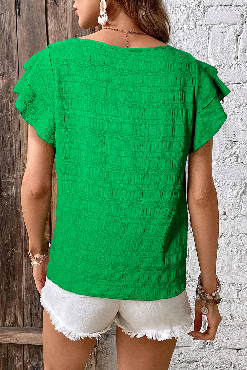 Dark Green Textured Ruffled Sleeve Round Neck Top eAura